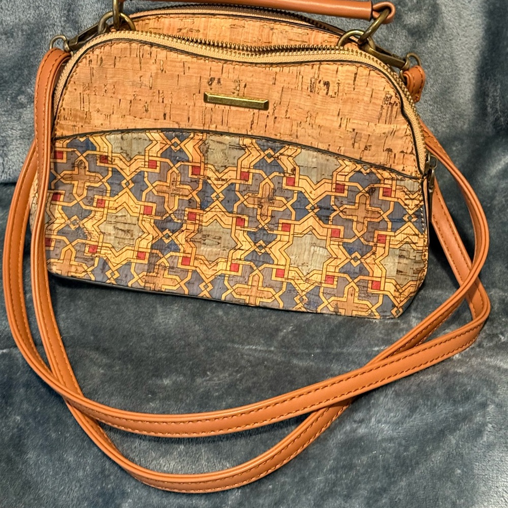 Stylish Cork and Geometric Patterned Crossbody Bag